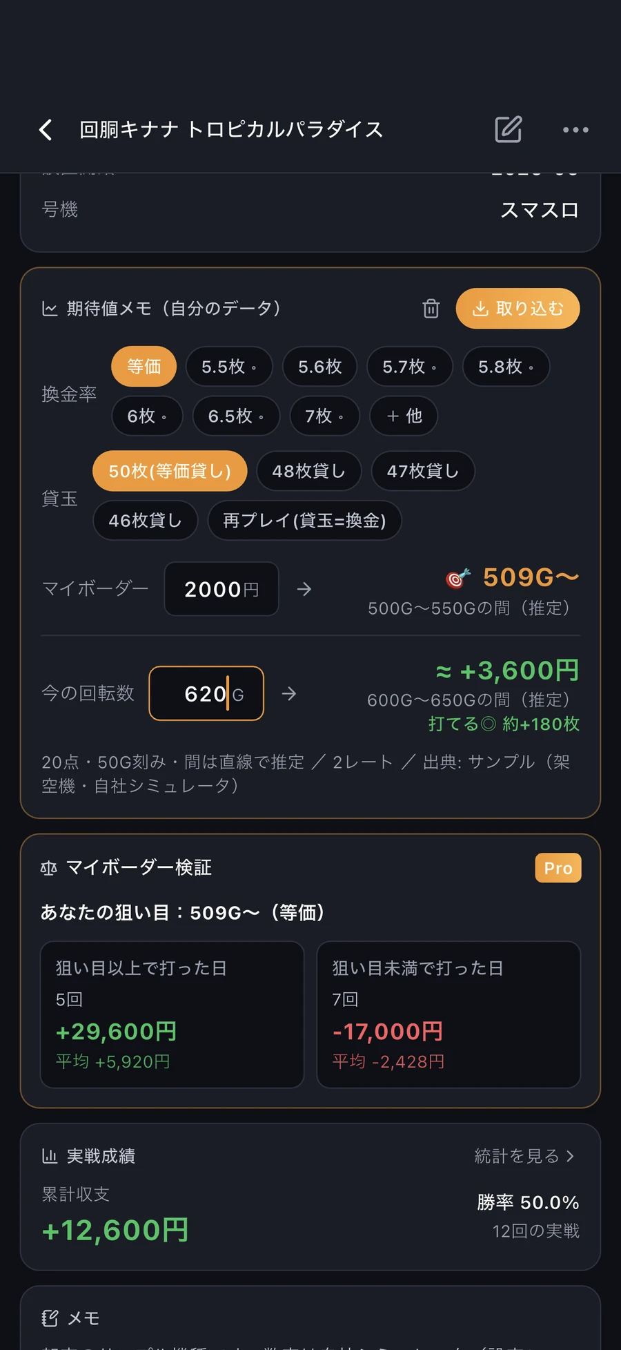 取り込んだ期待値表から、期待値と狙い目ゲーム数の目安を確認する画面